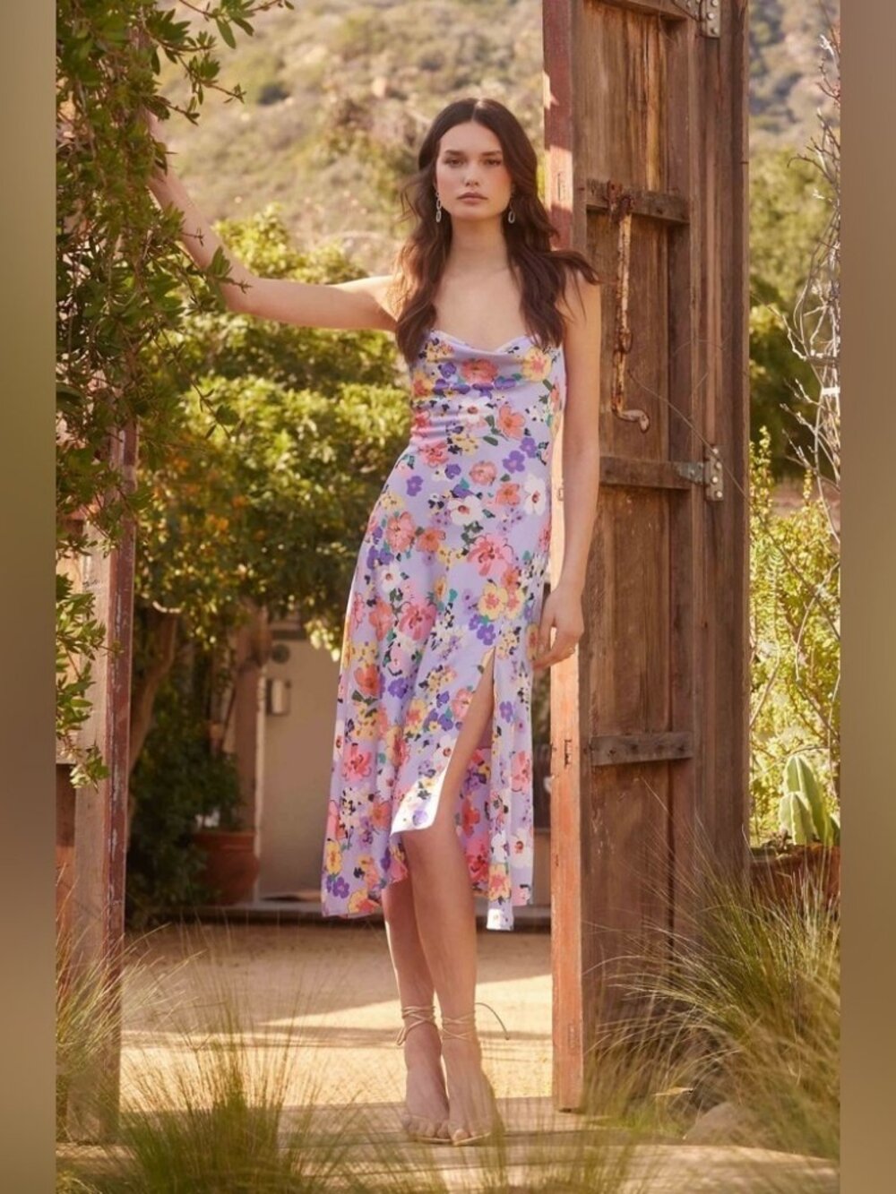 ASTR Gaia Draped Collar Satin Midi Dress in Periwinkle Floral Size Small NWT